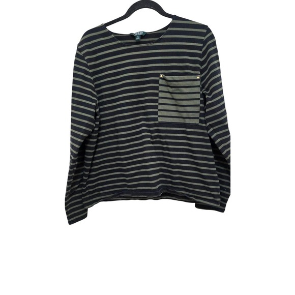 Lauren Ralph Lauren Tops - Lauren Ralph Lauren‎ Women Black & Green Striped Long Sleeve Shirt W/ Pocket XL